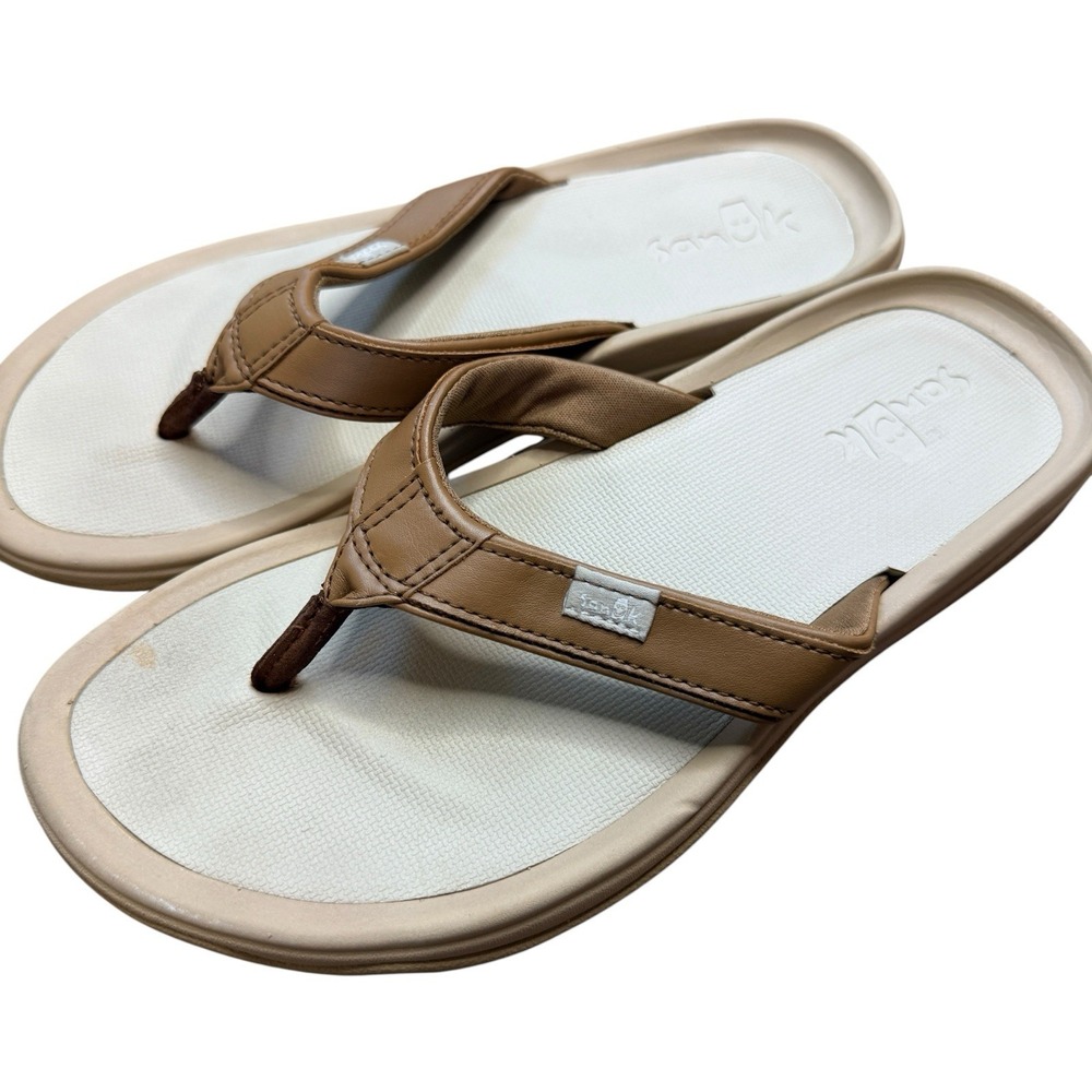 Sanuk Women's Tripper Flip Flops H2O Yeah Size 7 Tan Leather Thong Sandals Flats